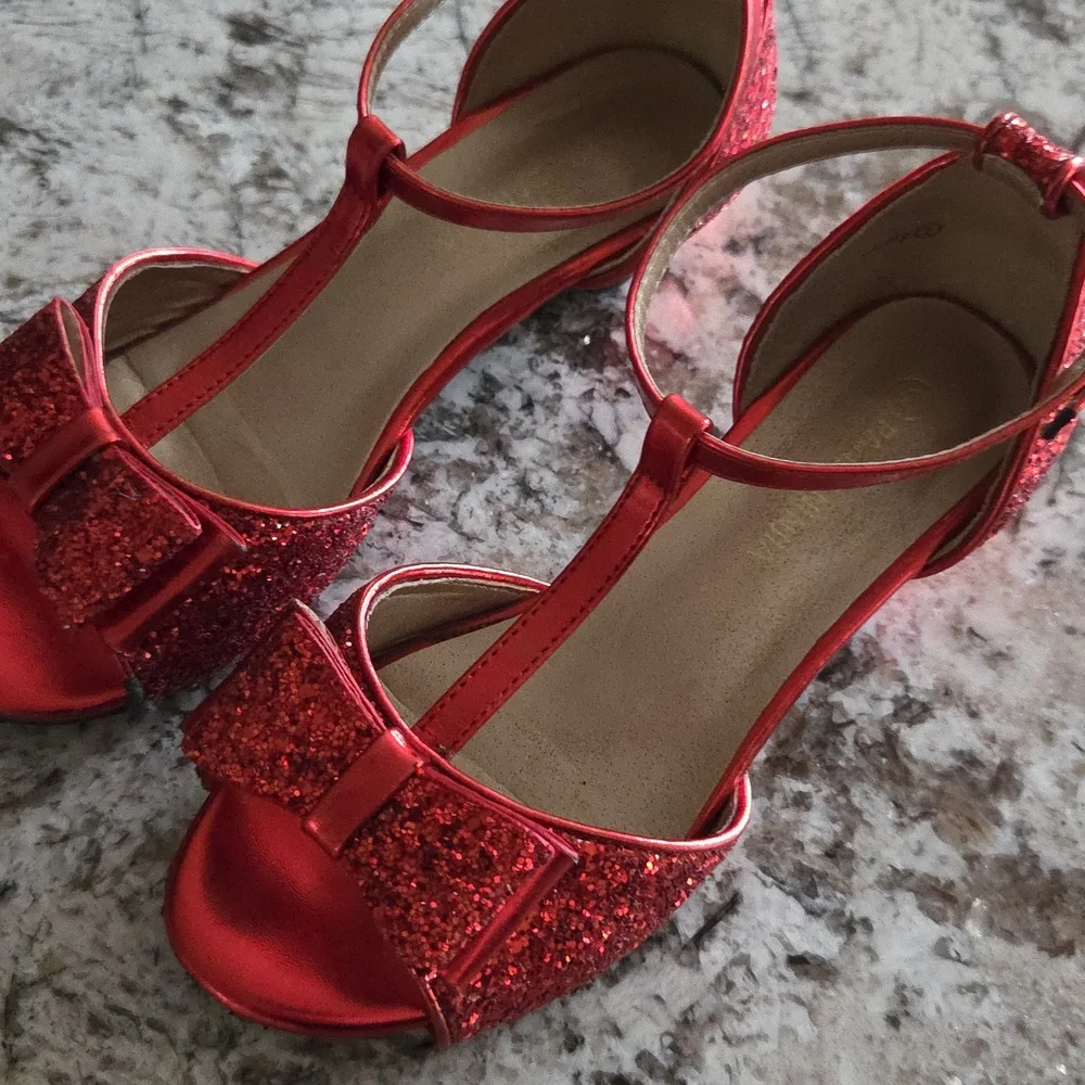 SOBOYO Red Glitter Girl's Fun Strappy Holiday Sandals With A Low Heal Bow In Red